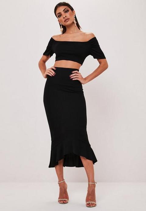 Black Bardot Crop Top And Midi Skirt Co Ord Set, Black