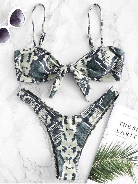 Bikini De Corte Alto Con Estampado De Piel De Serpiente Anudado Colormix Green Peas Red Wine