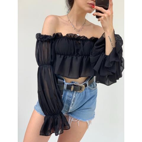 Blusa Crop Con Volant Nera