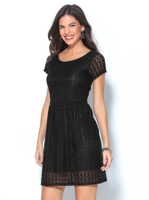 Vestido Corto De Fiesta Negro De Encaje Manga Corta