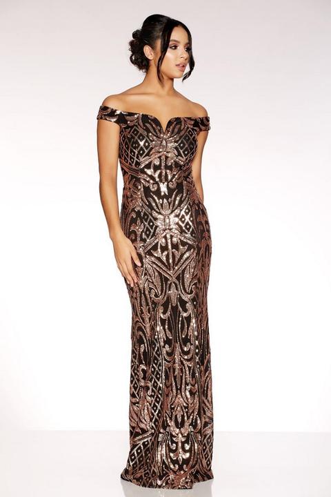 quiz black and rose gold sequin bardot maxi dress