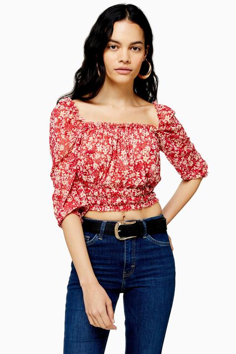 Womens Prairie Floral Ditsy Shirred Top - Red, Red