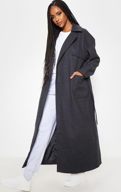 Manteau Tres Long Gris Anthracite A Ceinture Charcoal Grey From Prettylittlething On 21 Buttons