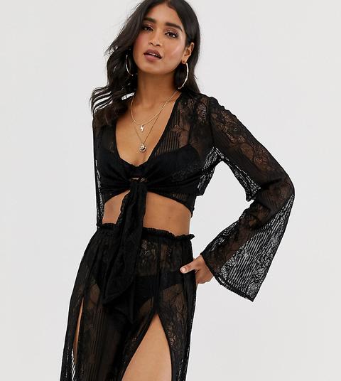 Missguided Tie Front Beach Crop Top In Black Lace