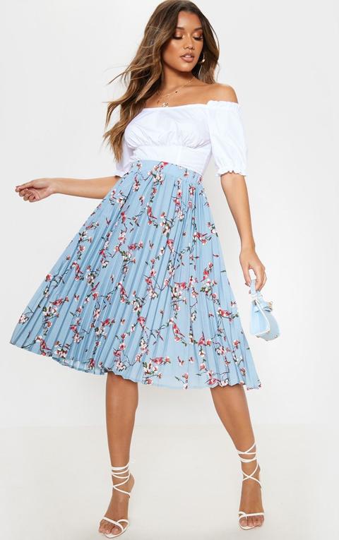 Dusty Blue Floral Printed Pleated Midi Skirt, Blue