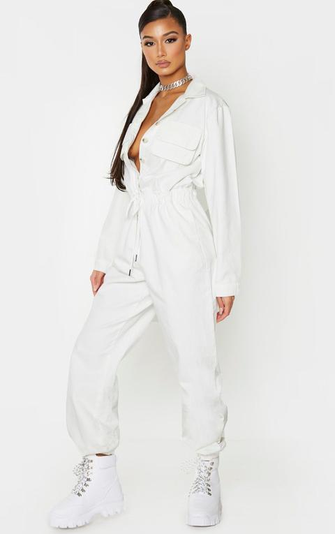 White Button Up Double Pocket Elastic Waist Denim Jumpsuit