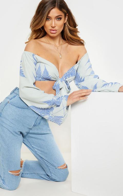 Crop Top Bleu Ciel Imprimé Feuilles Avec Noeud Frontal Et Col Bateau, Bleu