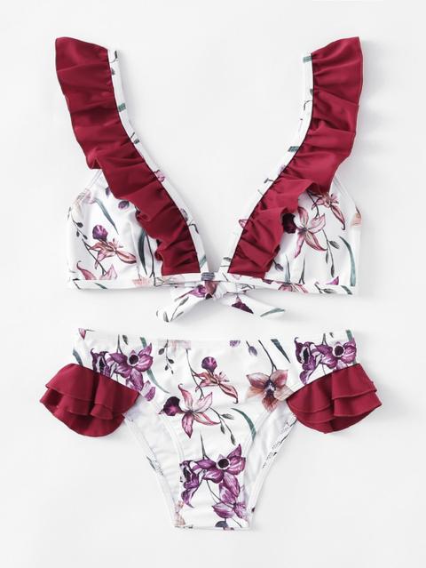 Conjunto De Biquini Estampado Con Volantes