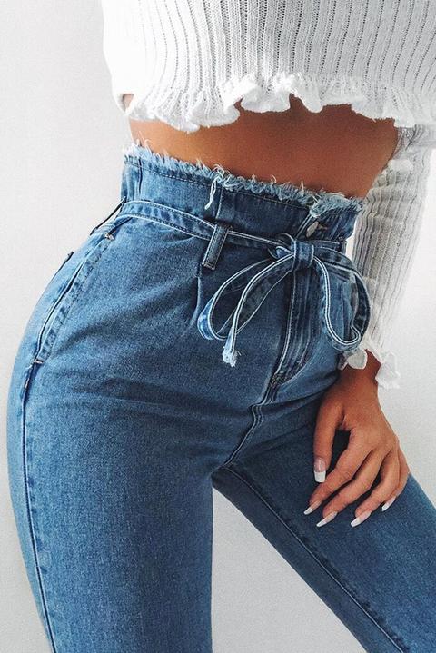 Blue High Waisted Frayed Belt Mom Jeans