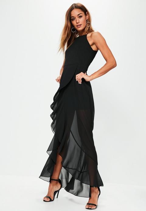 Black 90's Neck Frill Detail Maxi Dress