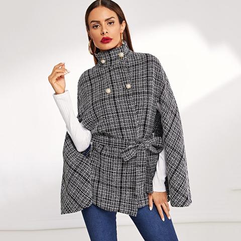 Chaqueta Capa Tweed De Cintura Con Cordón Con Botones Delanteros