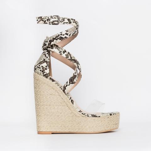 Malaya Beige Snake Lace Up Espadrille Wedge