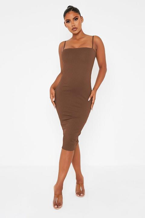 Chocolate Ribbed Square Neck Cami Midi Dress , Brown