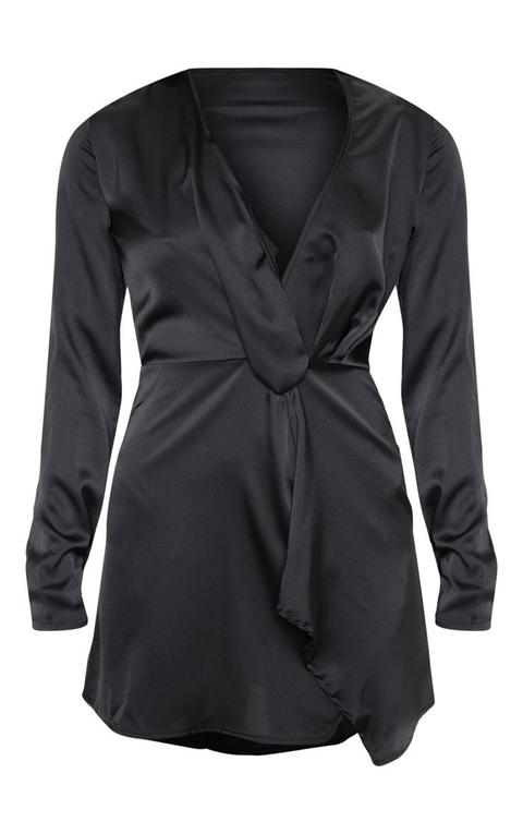 Black Satin Long Sleeve Wrap Dress