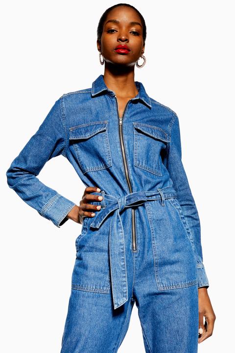 Topshop Womens Tall Denim Utility Boiler Suit - Mid Stone, Mid