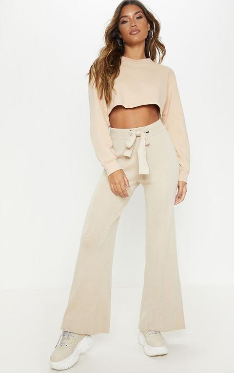 Ribbed Knitted Wide Leg Stone Trouser