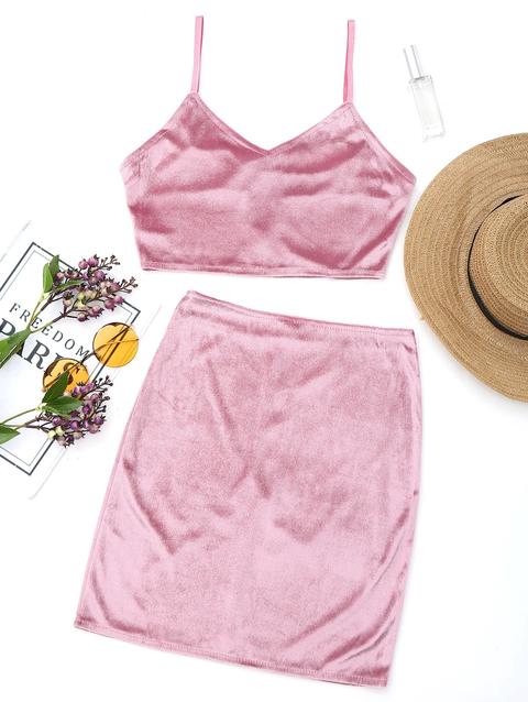 Top Bralette In Velluto E Mini Gonna Con Zip Laterale Pinkish Purple