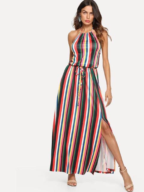 Maxi Vestito A Righe A Vita Alta Con Coulisse