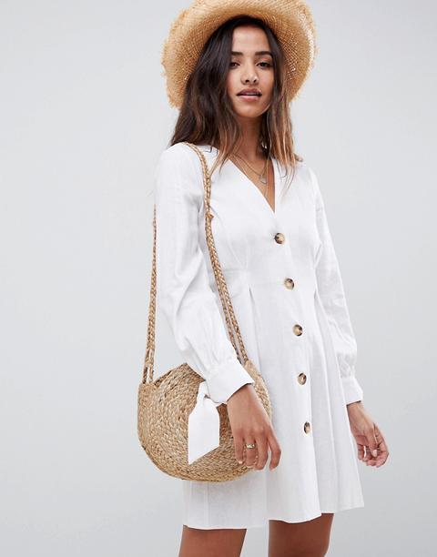 Asos Design - Vestitino Skater Con Bottoni E Laccetti Sulle Maniche - Bianco