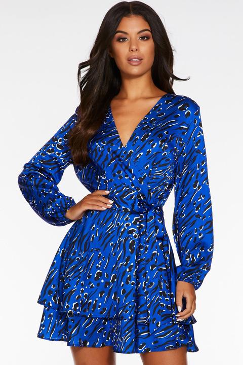 Blue Satin Animal Print Wrap Dress from Quiz on 21 Buttons