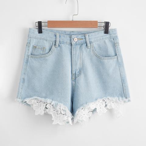 Contrast Crochet Frayed Hem Denim Shorts