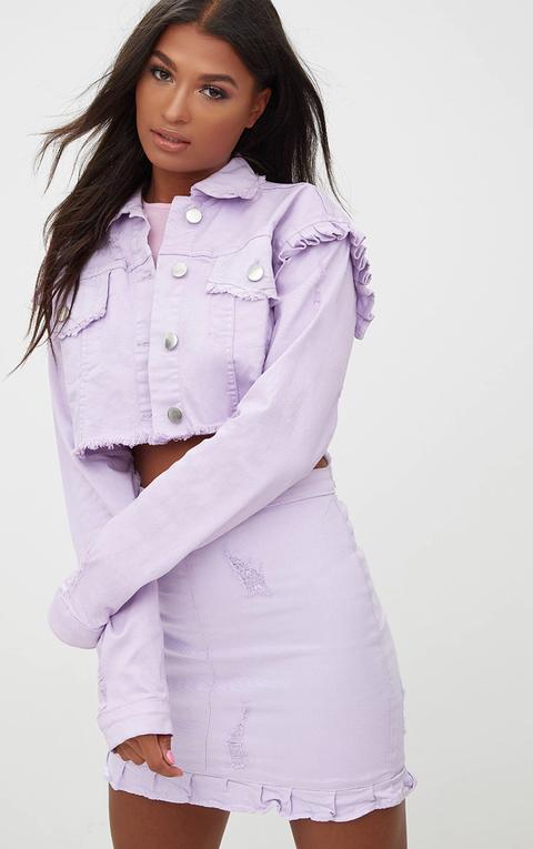 Lilac Ruffle Cropped Denim Jacket, Purple