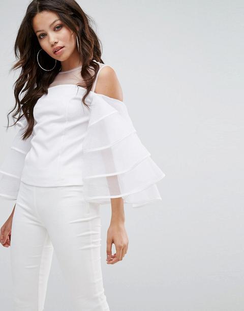 Prettylittlething - Blusa In Organza Con Maniche Con Volant E Inserto A Rete - Bianco