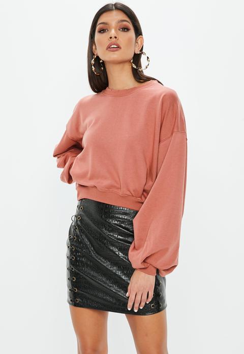 Pink Cropped Ruched Sleeve Sweatshirt