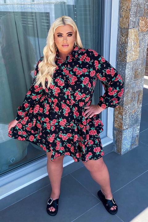 Black Dresses - Plus Size Gemma Collins Floral Print Frill Hem Shirt Dress