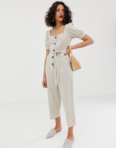 Asos Design Button Front Tie Waist Puff Sleeve Jumpsuit With Short Sleeves-multi