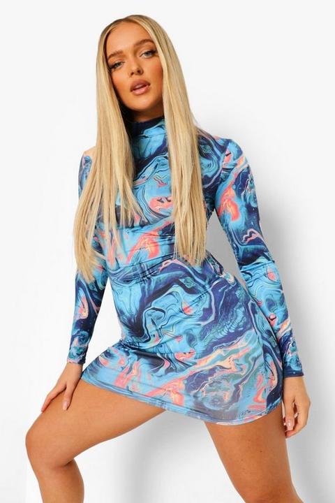 Womens Abstract Print Long Sleeve Dress - Blue - 10, Blue