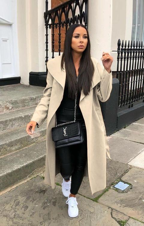 Beige Waterfall Duster Belted Long Coat