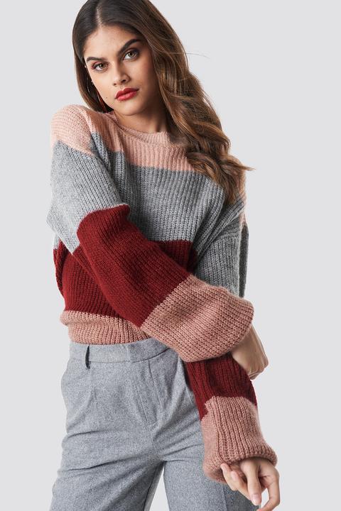 Color Striped Balloon Sleeve Knitted Sweater Rosa