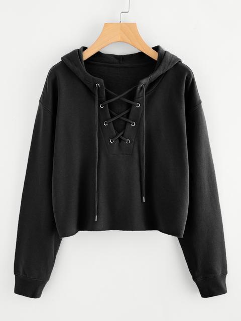 Drop Shoulder Eyelet Lace Up Sweatshirt