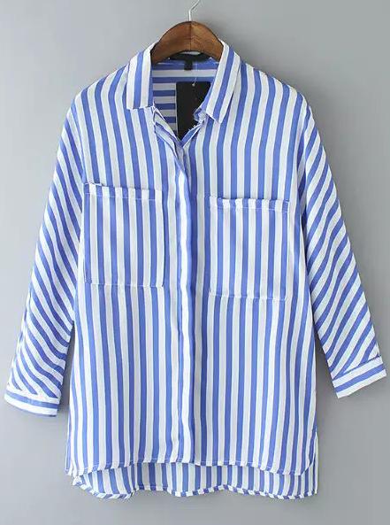 Blue Lapel Vertical Stripe Dip Hem Blouse