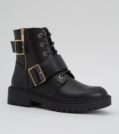 Black Buckle And Zip Lace Up Biker Boots New Look Vegan