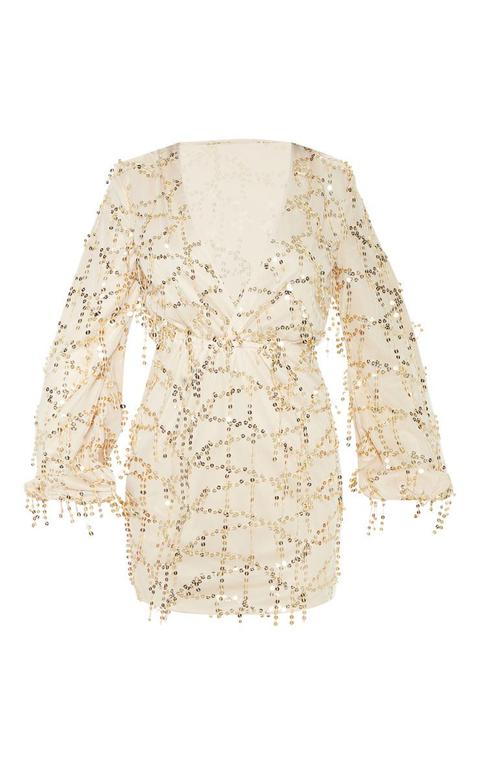 gold plunge sequin long sleeve bodycon dress