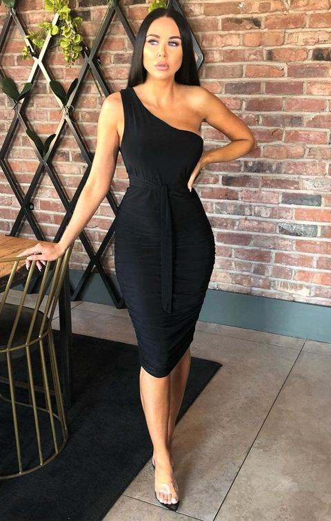 Black One Shoulder Slinky Midi Dress - Dylan