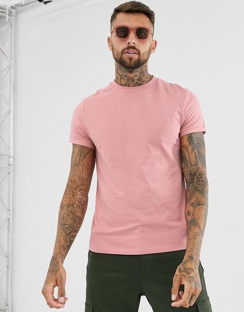 Asos Design - T-shirt Ras De Cou À Manches Retroussées - Rose