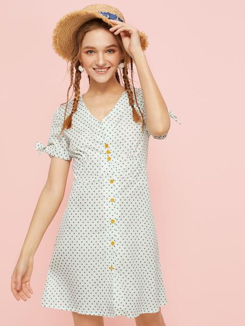 Polka Dot Button Front Knot Cuff Tea Dress