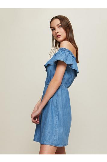 Womens Blue Frill Bardot Dress, Blue