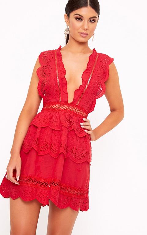 Red Crochet Lace Plunge Swing Dress