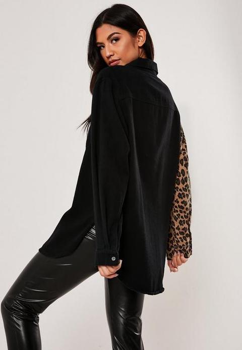 Black super oversized leopard print panel shirt Clearance