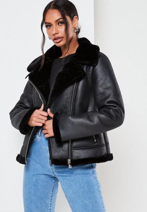 Petite Black Faux Fur Lined Aviator Jacket, Black