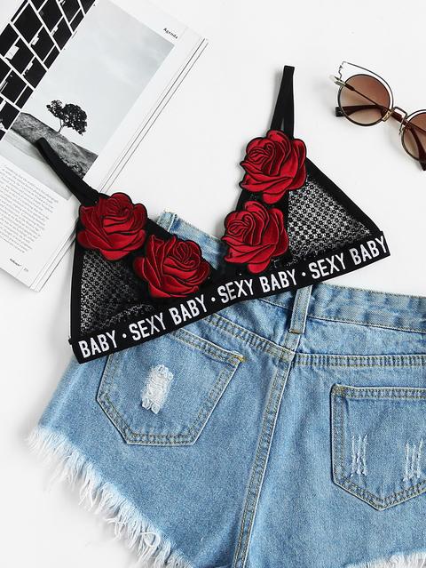 Applique Letter Print Lace Bralet