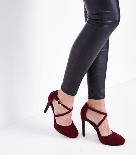 Burgundy Suedette Cross Strap Platform Heels