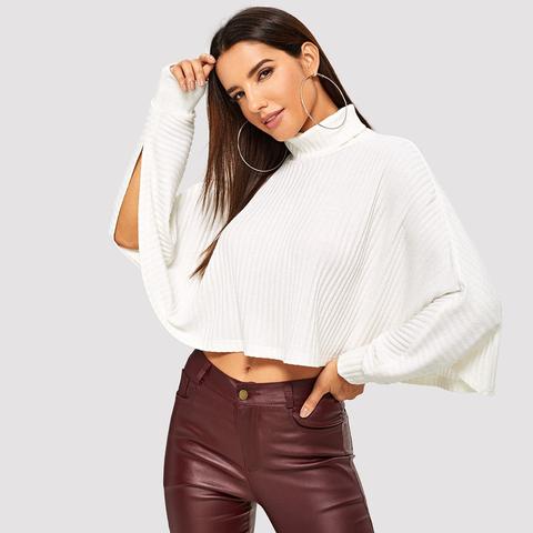 Geripptes Strick Crop Dolman Top Mit Hohem Hals