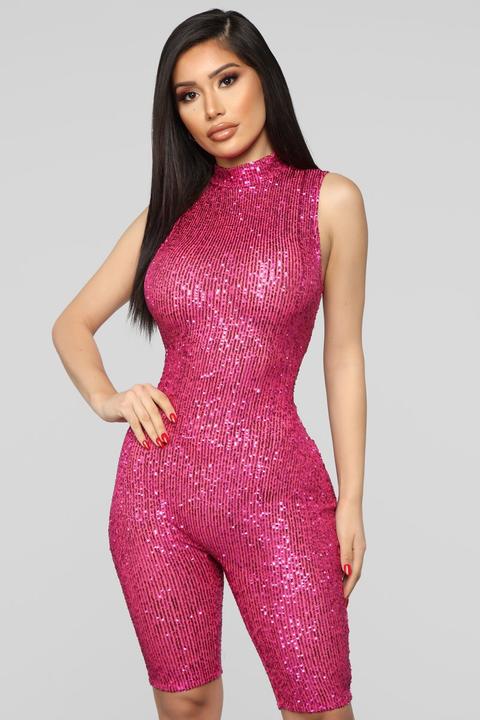 Speed Of Light Sequin Romper - Fuchsia