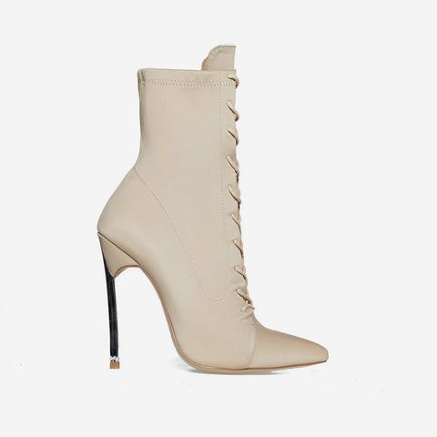 Athena Skinny Heel Lace Up Ankle Boot In Nude Lycra, Nude