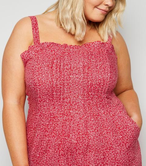 Wednesday's Girl Curves Red Ditsy Floral Crop Jumpsuit New Look